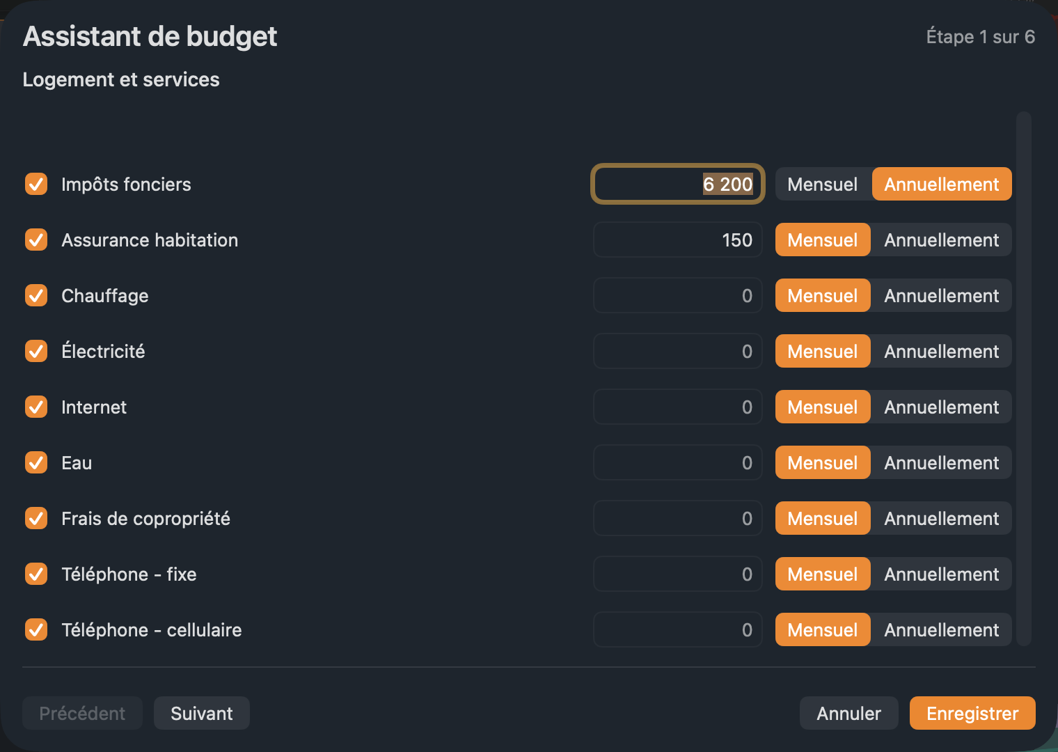 L’étape 1 de l’assistant de budget.