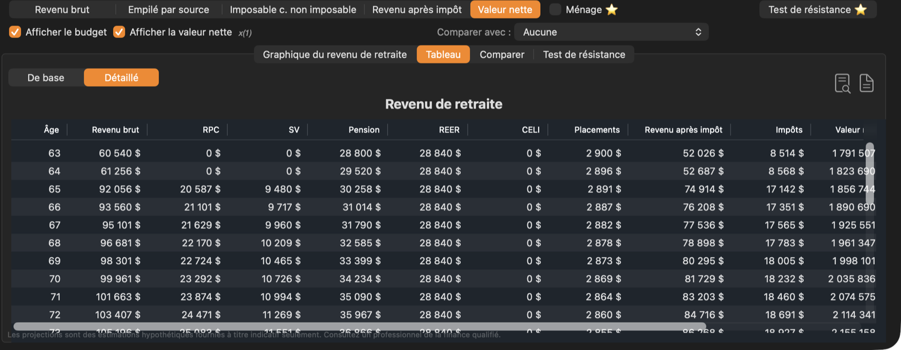 Le tableau Détaillé pendant une comparaison.