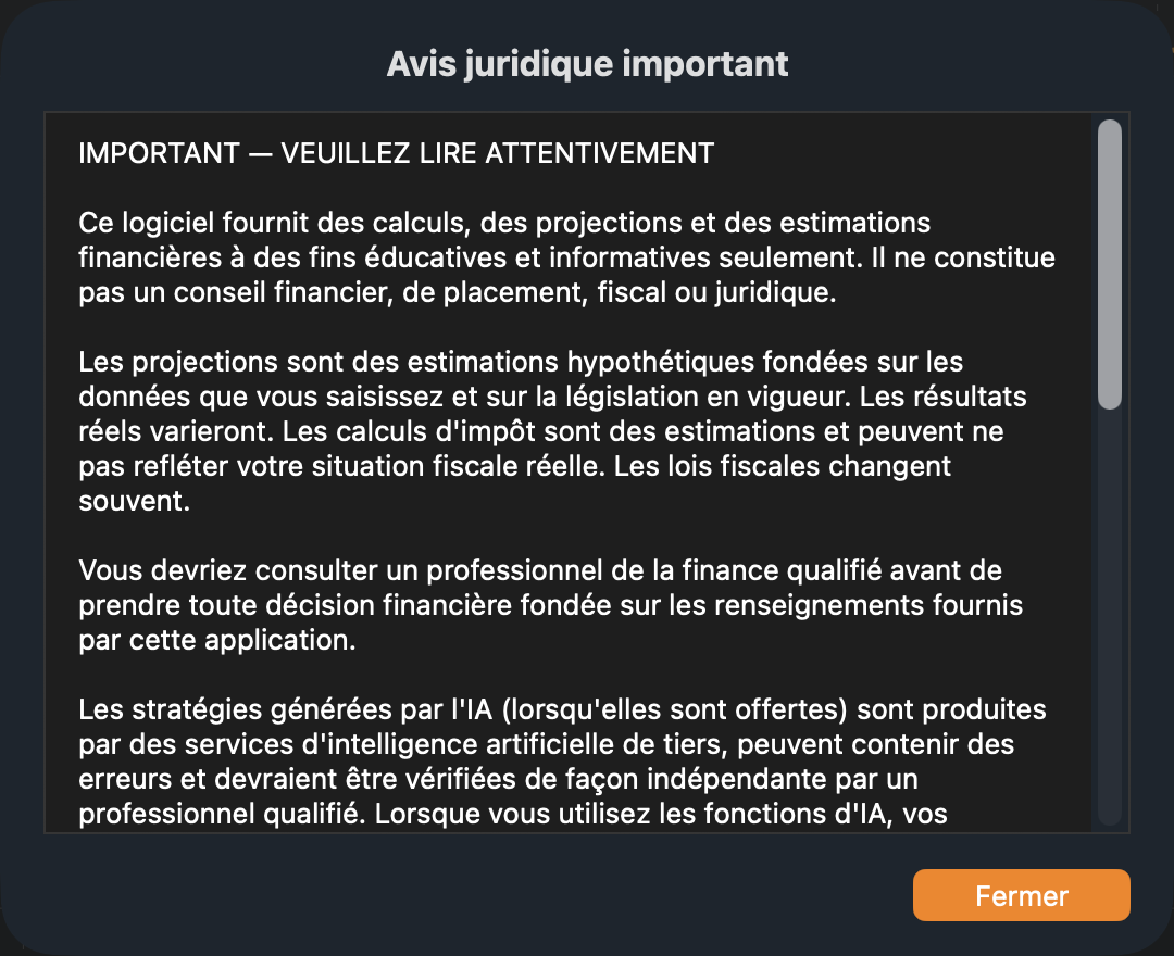 L’avis juridique, tel qu’il s’affiche à partir du menu Aide.