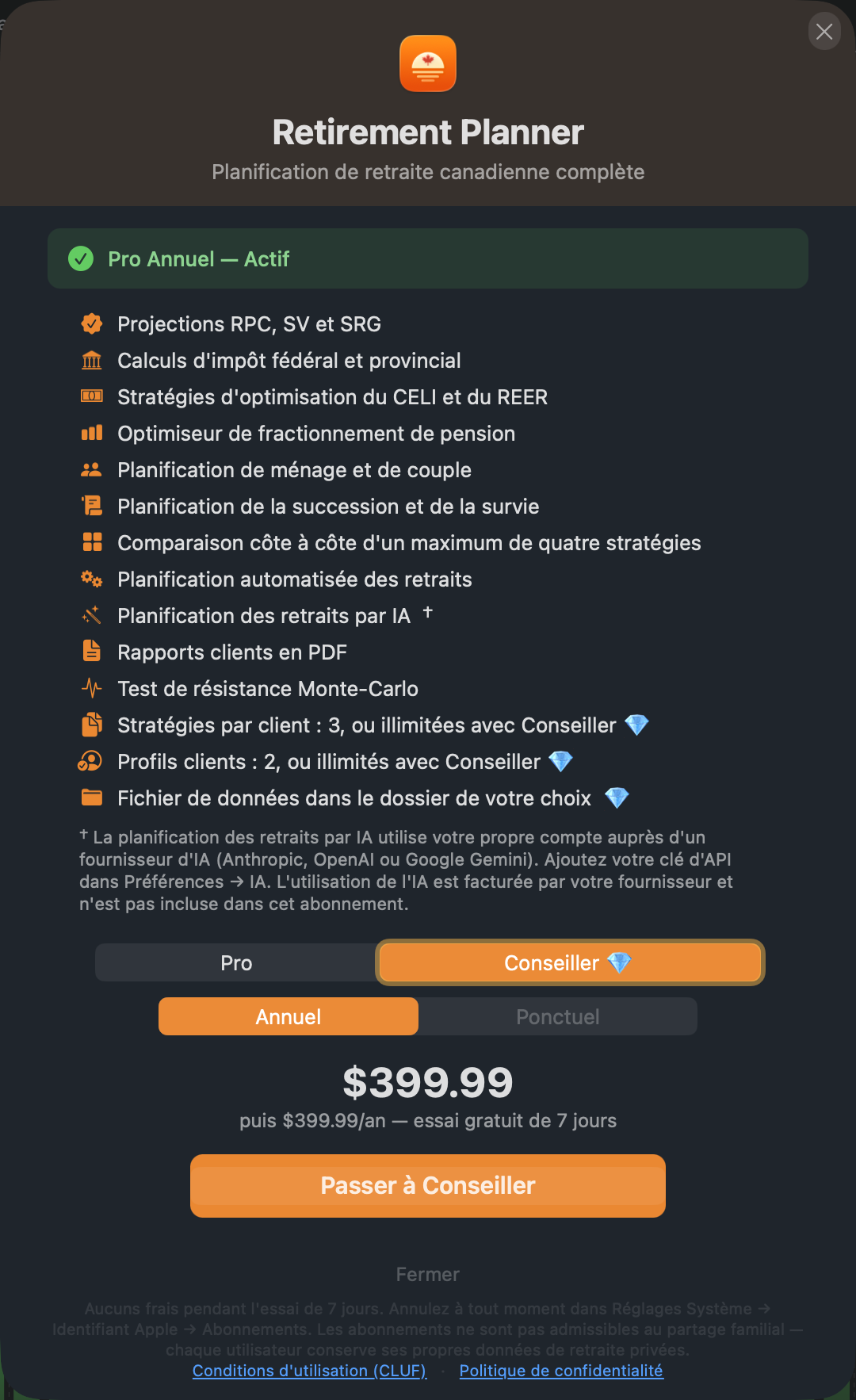 La fenêtre des forfaits, avec Conseiller sélectionné.
