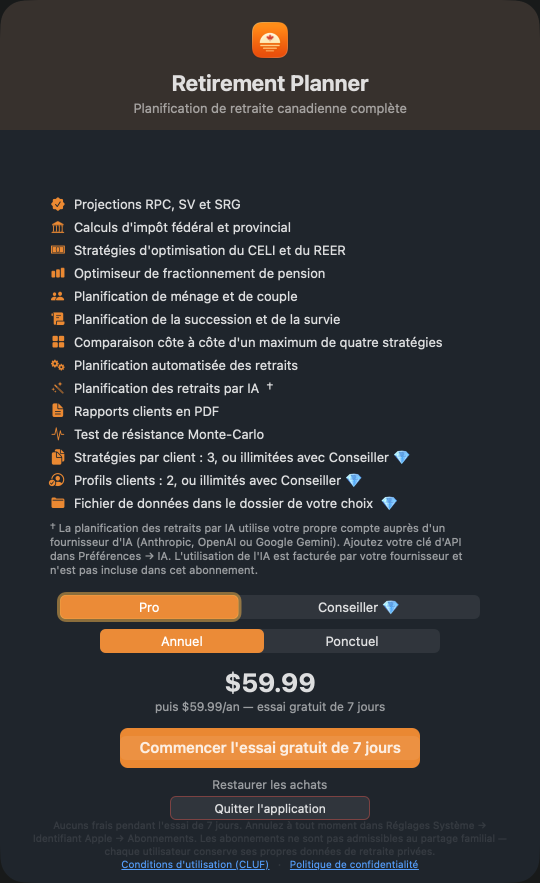 La fenêtre des forfaits. Choisissez un forfait, puis le mode de paiement.