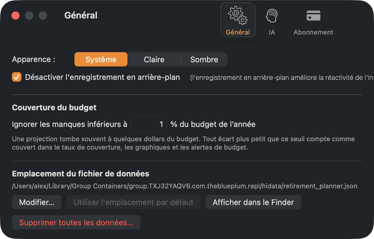 L’emplacement du fichier de données, vers le bas de la sous-fenêtre Général.