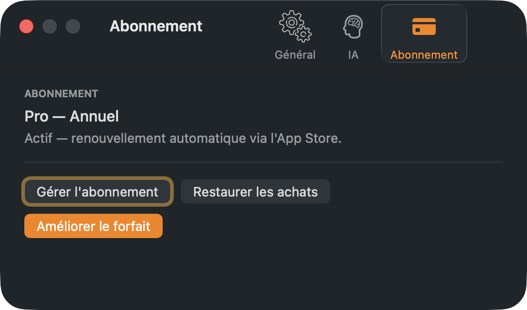 La sous-fenêtre Abonnement pour un abonné Pro.