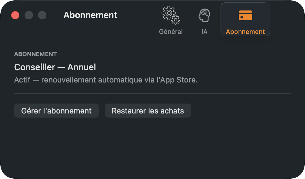 La sous-fenêtre Abonnement pour un abonné Conseiller.