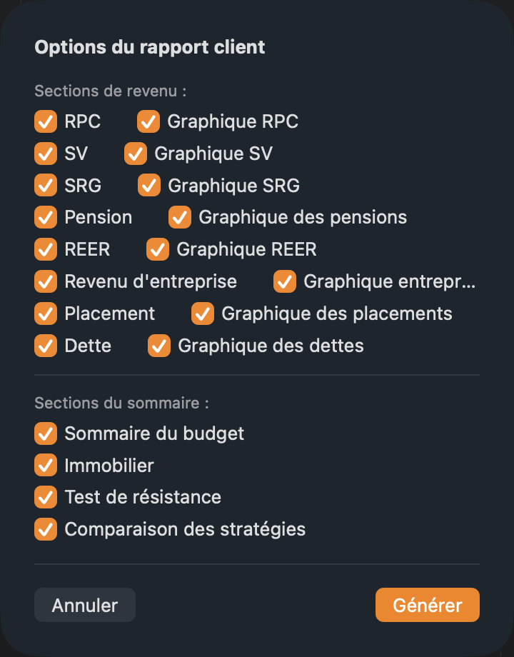 Options du rapport client. Vos choix sont retenus pour la prochaine fois.