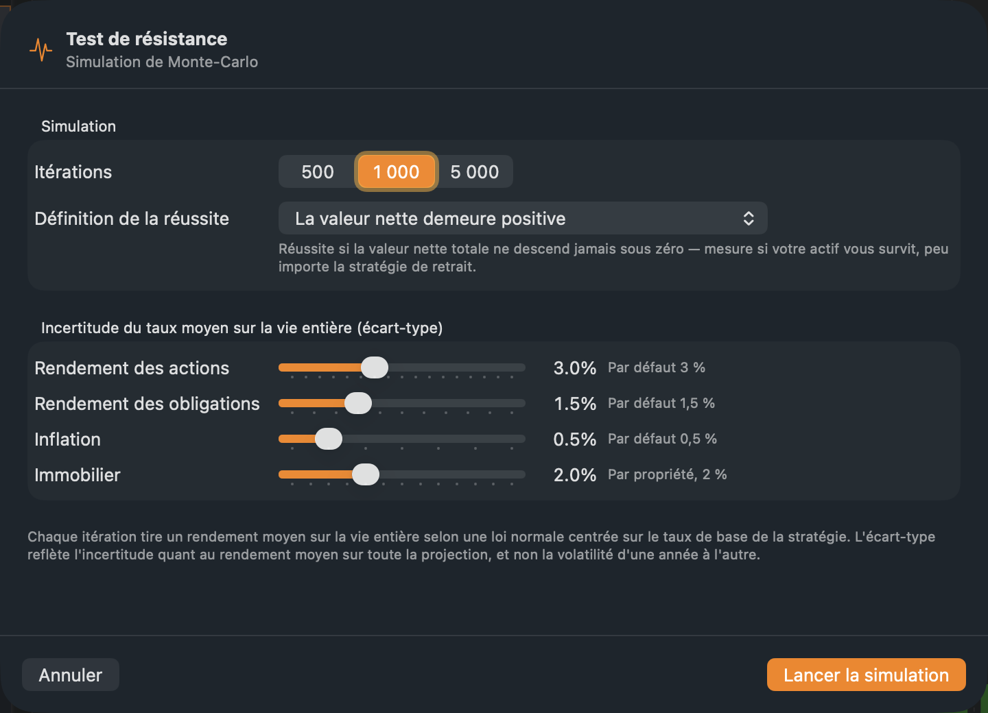 Les réglages du test de résistance.