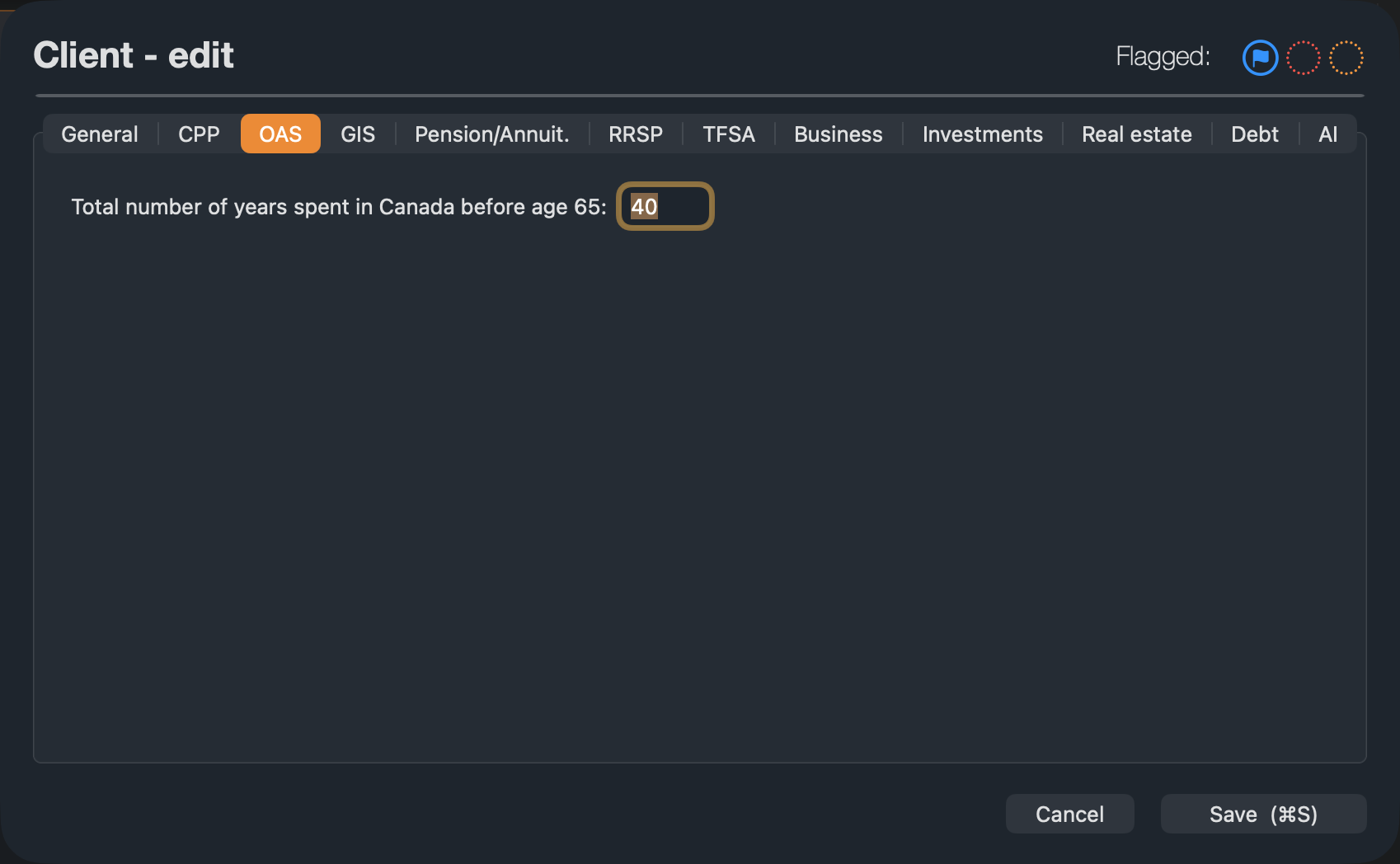 The OAS tab of the profile.