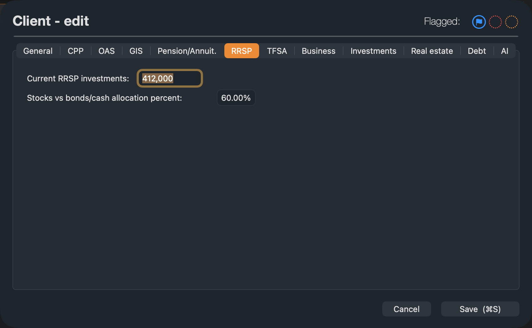 The RRSP tab: the balance today and the share in stocks.