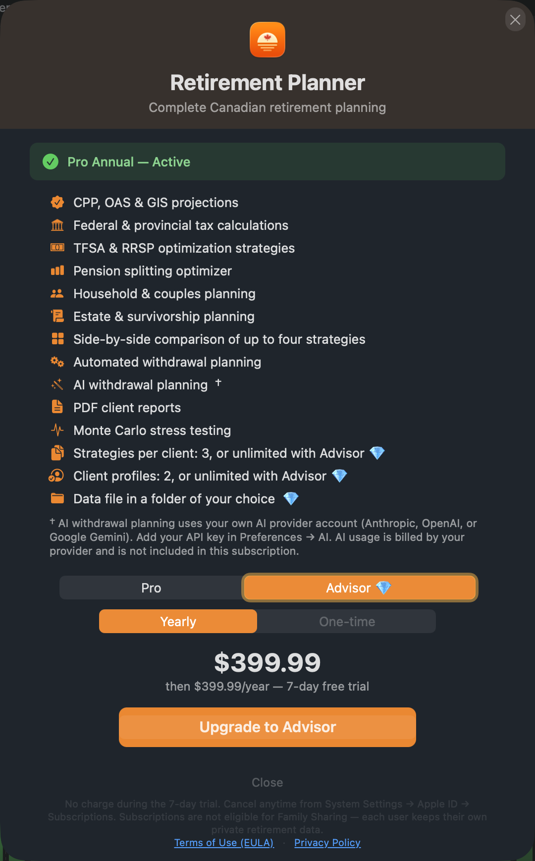 The plans window with Advisor selected.