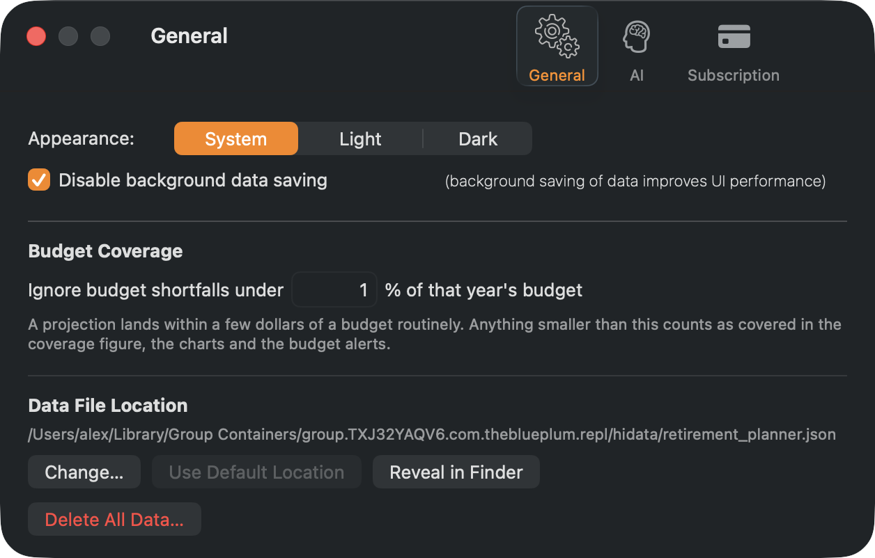 Data File Location, near the bottom of the General pane.
