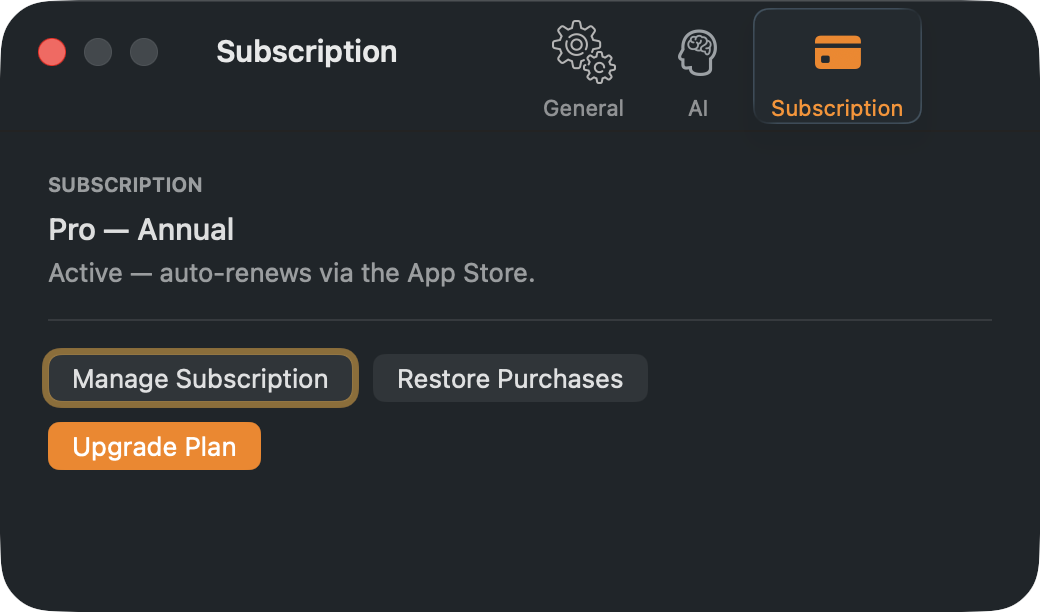 The Subscription pane for a Pro subscriber.
