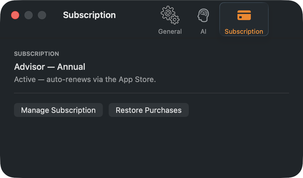 The Subscription pane for an Advisor subscriber.